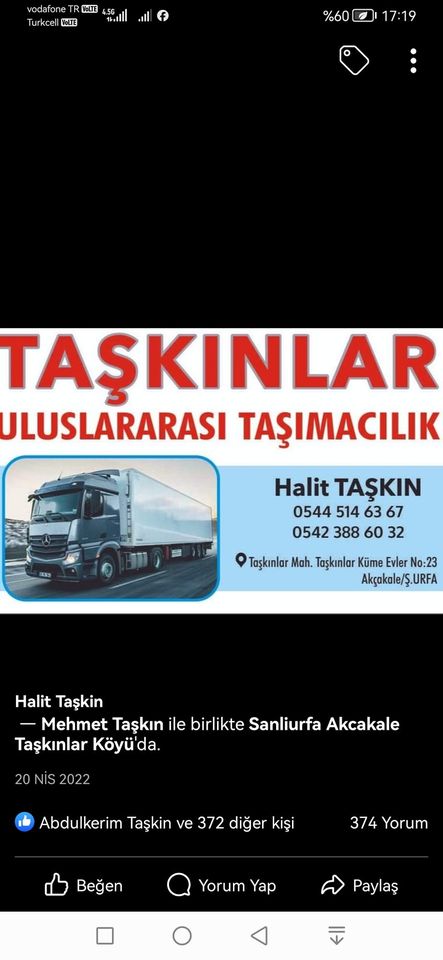 Taşkınlar uluslararası Taşıma Ltd Şti >Akçakale<